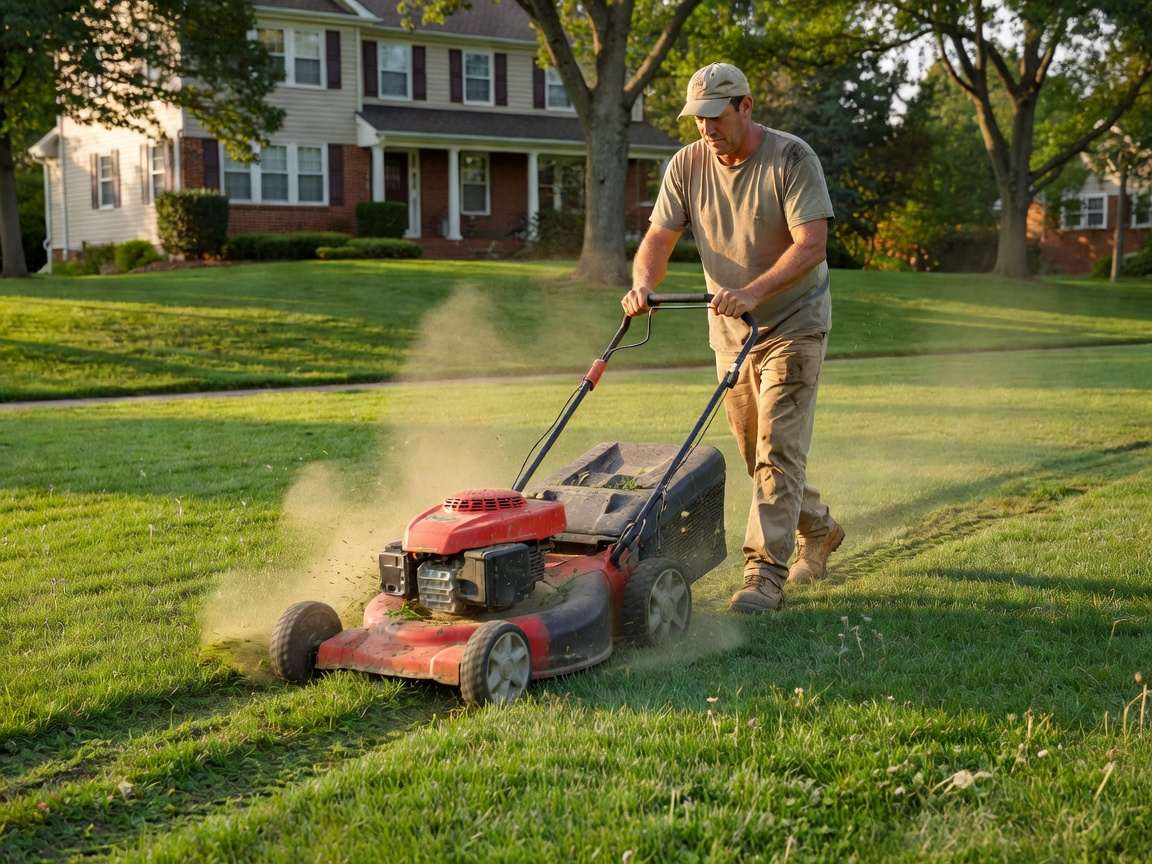 Crew member mowing a residential lawn